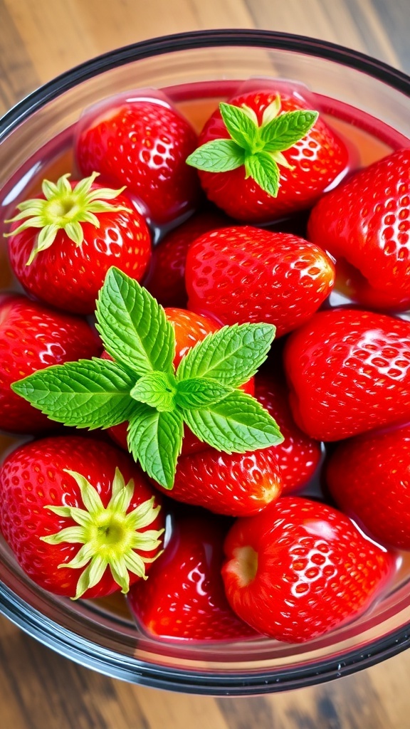 A bowl of marinated juicy strawberries garnished with mint leaves on a wooden table.